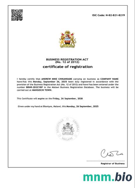 Malawi certyfikat rejestracji Word i PDF szablon